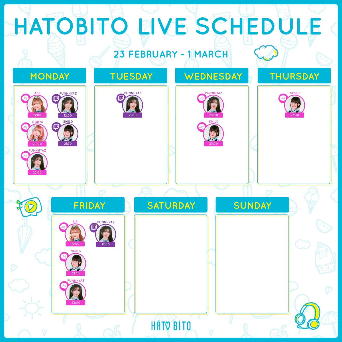 HatoBito_TH's tweet photo. ✨ HatoBito
: Live on TWITCH & JOYLADA :
Schedule 23 February - 1 March
˚ʚ♡ɞ˚--------------------˚ʚ♡ɞ˚
: SNS :
▶ https://t.co/KHj2miiCj6
#HatoBitoKoiiroSummer #HatoBito #ALotOfTone
#Twitch #TwitchTH #JoyladaOfficial #Joylada #จอยลดา
#Joydom #JoyMagazine https://t.co/09dQRgiup2