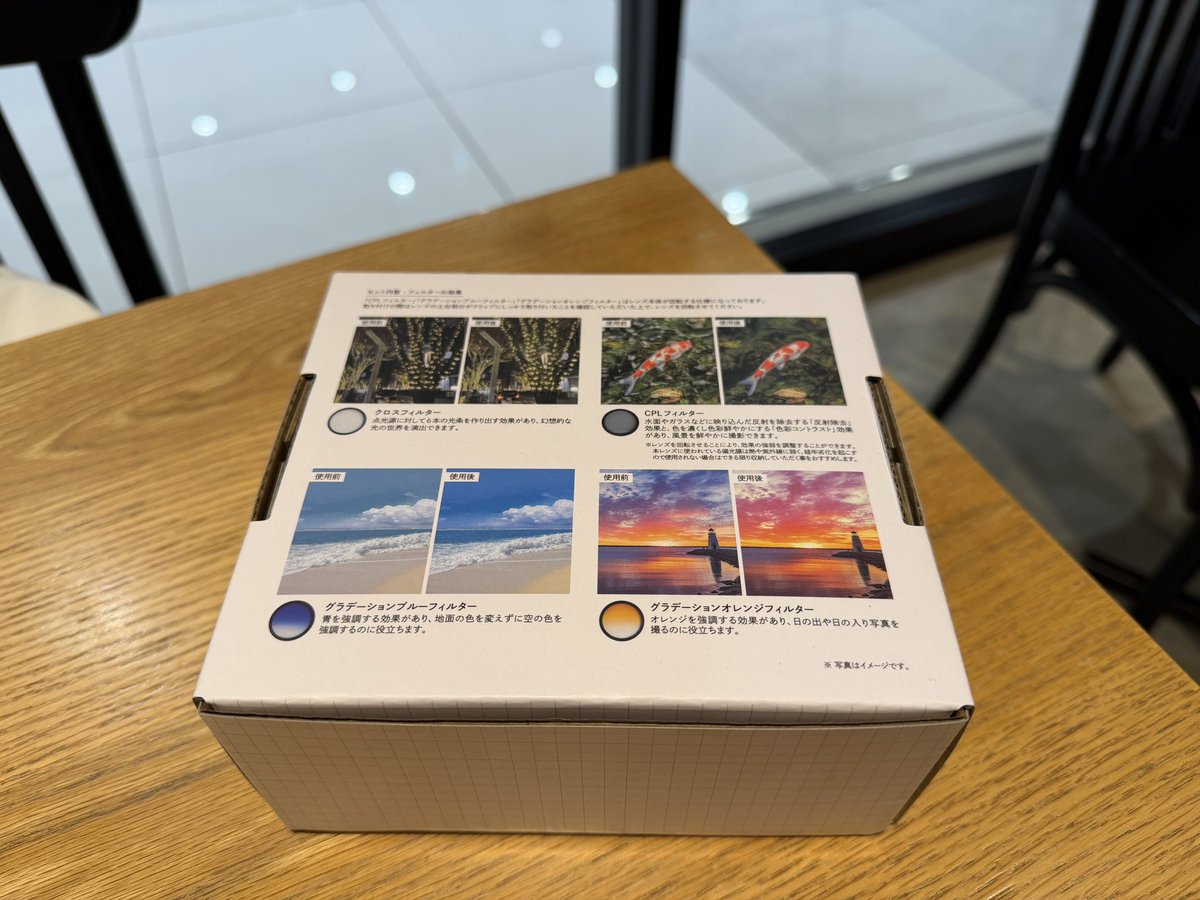 inx1999's tweet image. スリコでスマホ用レンズフィルター購入。

クロスフィルター
CPLフィルター
グラデーションブルーフィルター
グラデーションオレンジフィルター
の4つとケース付きで2800円

径52mm
これはかなり遊べそう(^-^)

#3coins
#レンズフィルター