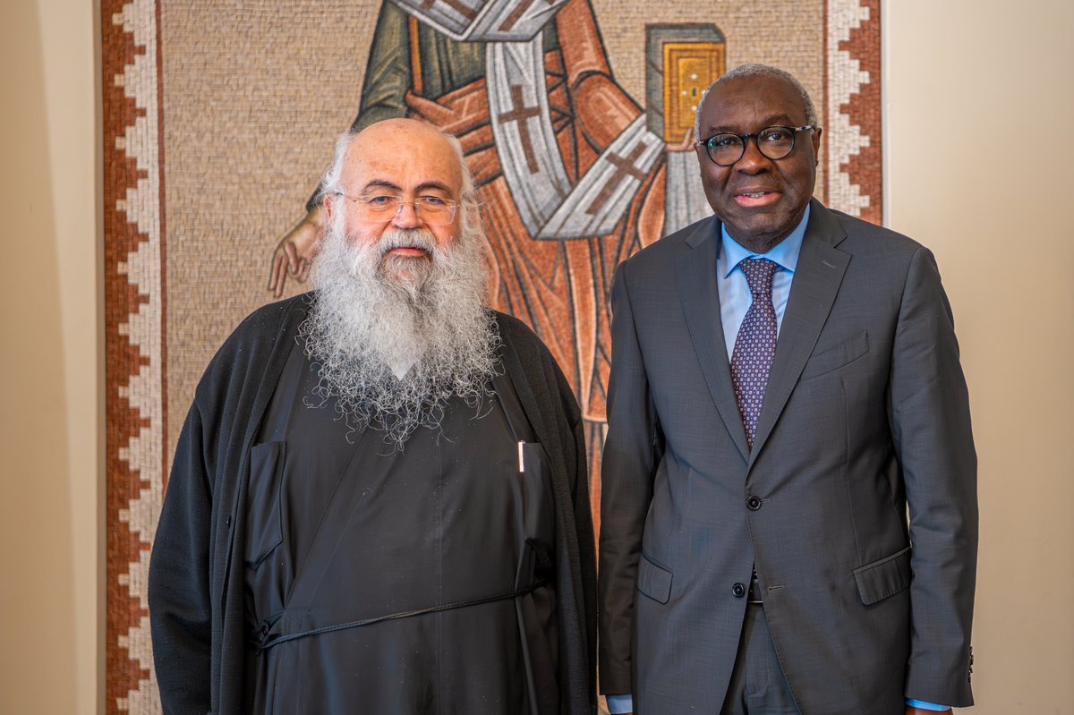 UN_CYPRUS's tweet photo. Top @UN official in #Cyprus, Khassim Diagne, held a positive meeting this morning with the Archbishop of the Orthodox Church in Cyprus, George III. Constructive dialogue and interfaith cooperation are vital pillars for peace and harmony on the island. 🕊️ #A4P 

📸 UNFICYP/Peter Šulgan