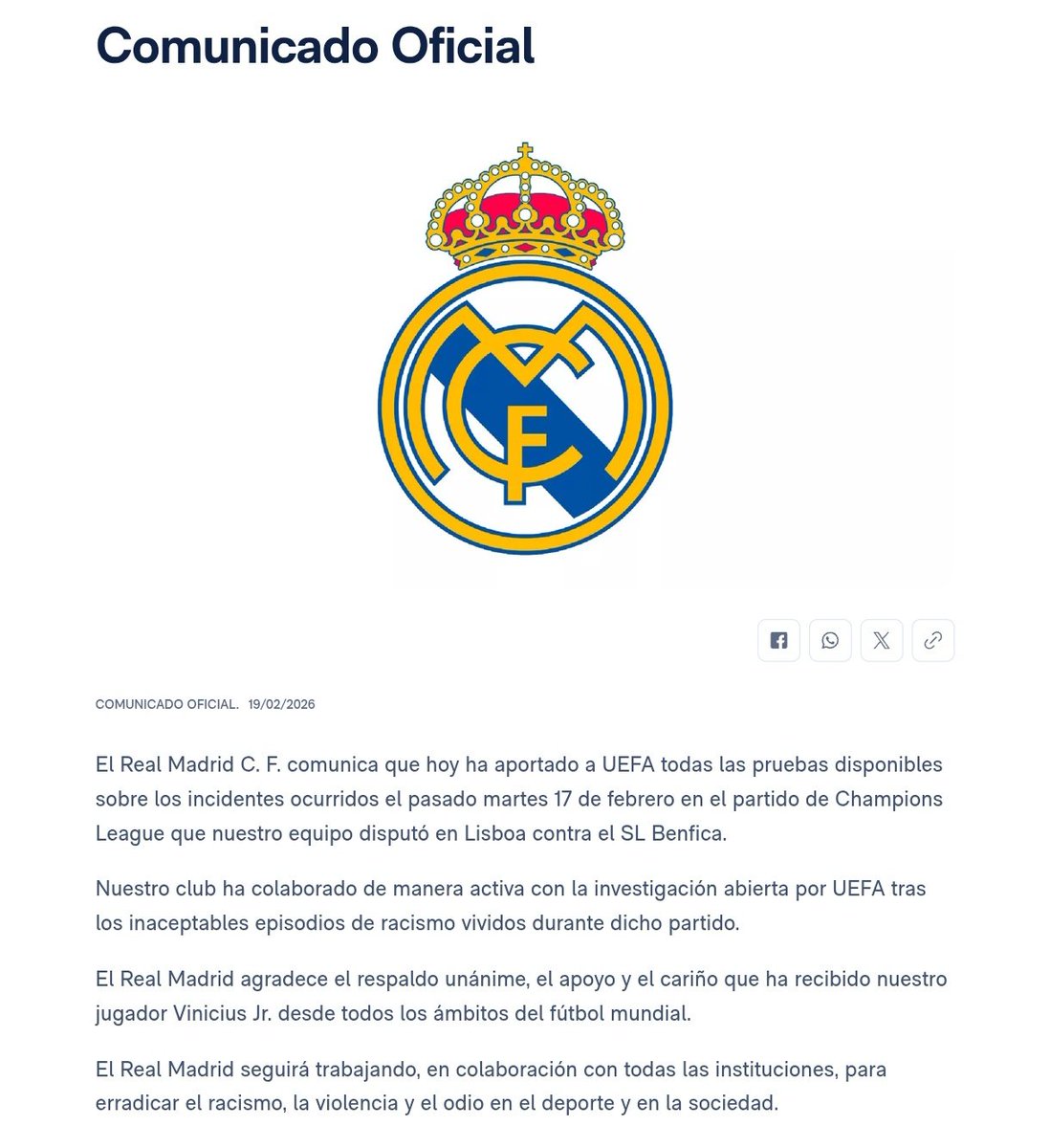 🚨 El Real Madrid C. F. comunica que hoy ha aportado a UEFA todas las pruebas disponibles sobre los incidentes ocurridos el pasado martes 17 de febrero en el partido de Champions League que nuestro equipo disputó en Lisboa contra el SL Benfica.

Nuestro club ha colaborado de