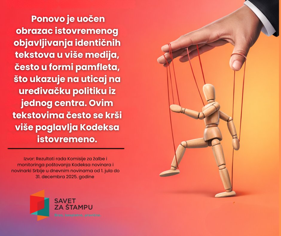 U drugoj polovini 2025. zabeleženo je 7.346 prekršaja u 4.506 tekstova u devet dnevnih listova, što predstavlja rast oko 10 odsto u odnosu na 2024. godinu (396 prekršaja više). 

Više o tome na sledećem linku: savetzastampu.rs/lat/izvestaji/…

#KodeksNovinara #SavetzaStampu