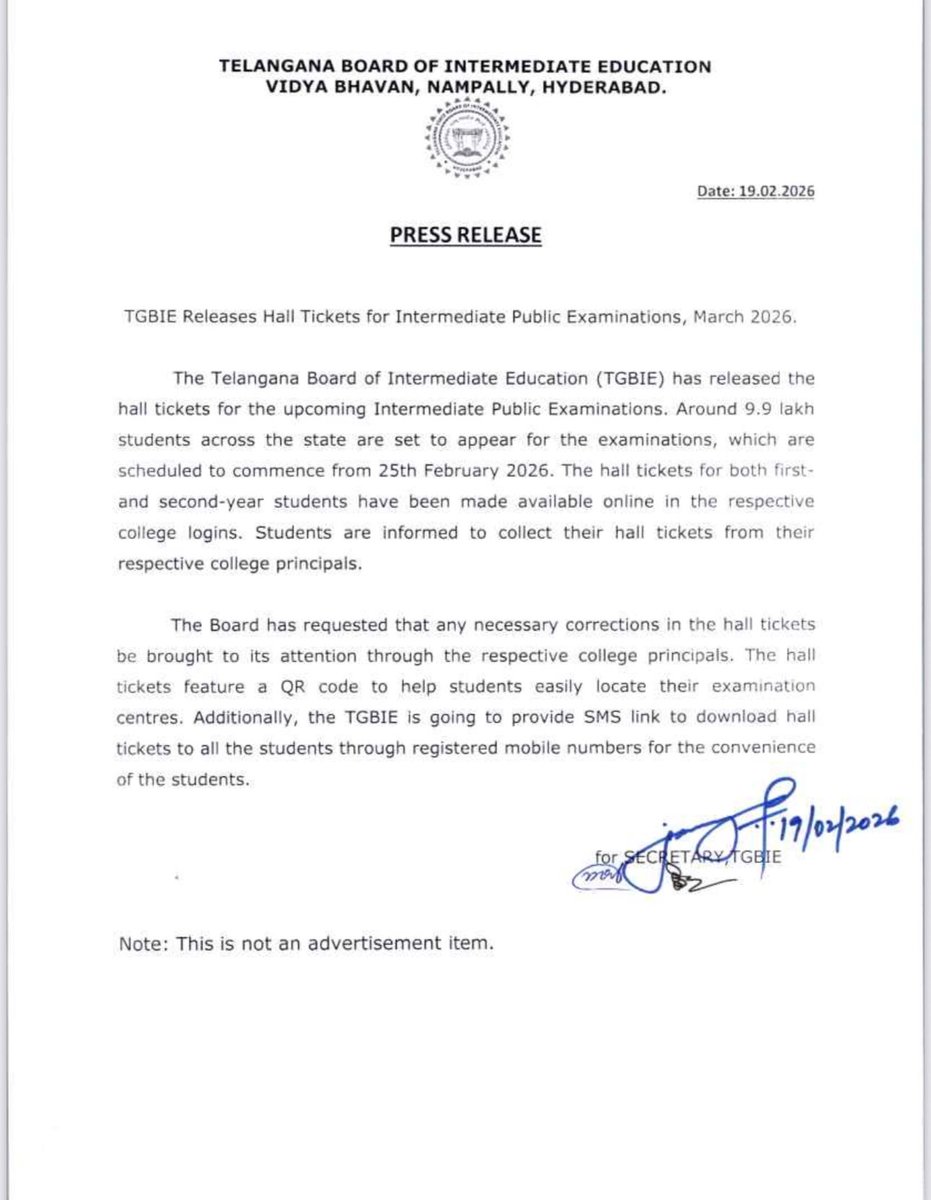 తెలంగాణ బోర్డ్ ఆఫ్ ఇంటర్మీడియట్ ఎడ్యుకేషన్ (#TGBIE) పరీక్షలకు సంబంధించిన హాల్ టికెట్లను విడుదల చేస్తూ సర్కులర్ ను జారీ చేసింది. సుమారు 9.9 లక్షల మంది పైగా విద్యార్థులు పరీక్షకు హాజరుకానున్నారు. ఫస్ట్, సెకండ్ ఇయర్ కి సంబంధించి హాల్ టికెట్లు విడుదలయ్యాయి. #interexams #halltickets