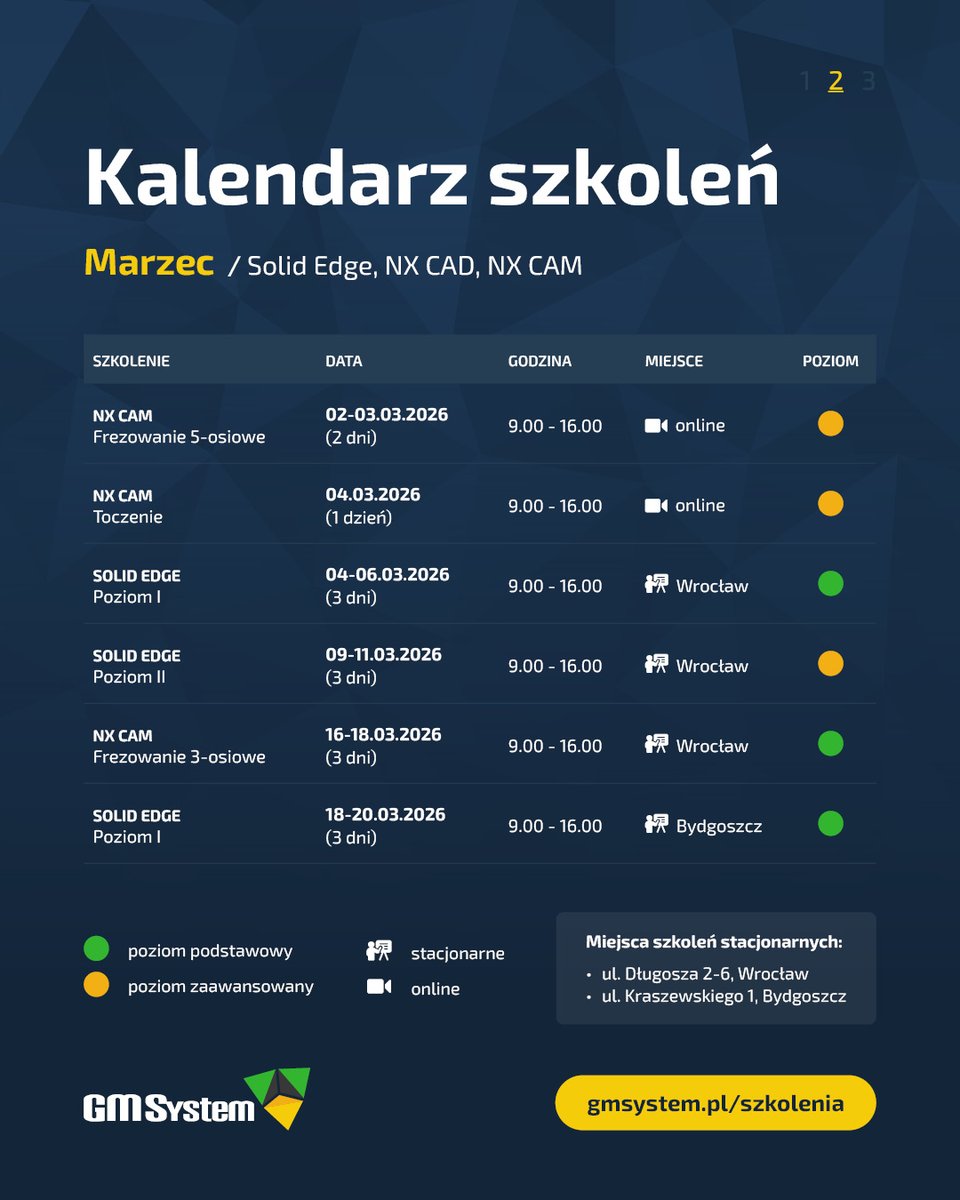 gmsystem2001's tweet photo. 📅 Nowy kalendarz szkoleń CAD/CAM na 3 miesiące!

Szkolenia online i stacjonarne, poziom podstawowy i zaawansowany + programy dopasowane do firm.

👉 Zarezerwuj miejsce: https://t.co/c93fn7jF5D

#solidedge #nxcad #nxcam https://t.co/tI3RHTD1Le