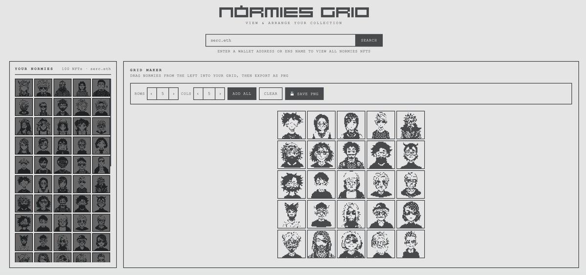 normiesART's tweet image. We love Normies together!

Created grid tool
(Inspired by our good friends @goodvibesclub grid maker)

No wallet connection needed.
Enter ENS or wallet address, create your grid and save it!

normies.art/grid