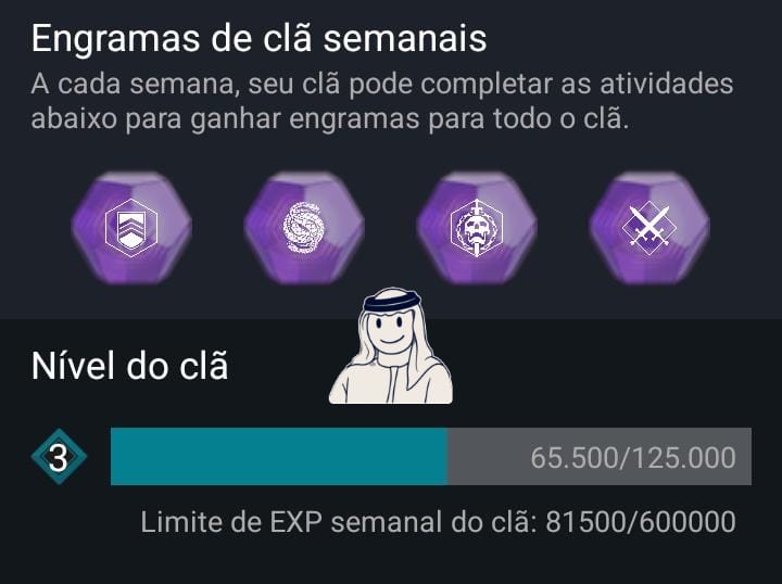 Gostaria de parabenizar o meu clã, <a href="/destinygameBR/">Destiny 2 BR</a> pelo excelente trabalho. Mal começamos e já estamos no nível 3 sem falar que é ótimo ver a galera trocando conhecimento e ajudando uns aos outros.
bungie.net/pt-BR/ClanV2?g…