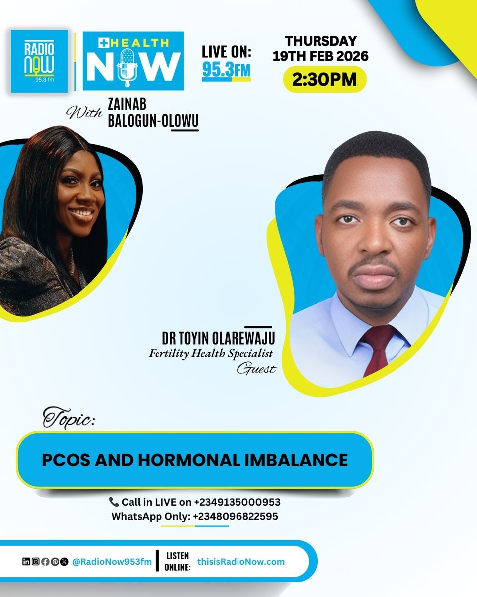RadioNow953FM's tweet image. Up Next at 2:30 PM | Health Now with Zainab Balogun-Olowu  

Topic: PCOS and Hormonal Imbalance 

Guest: Dr Toyin Olarewaju  

What you need to know about symptoms, fertility, diagnosis and treatment options.  

We take you beyond the news.  

#pcos #hormonalbalance #fertility