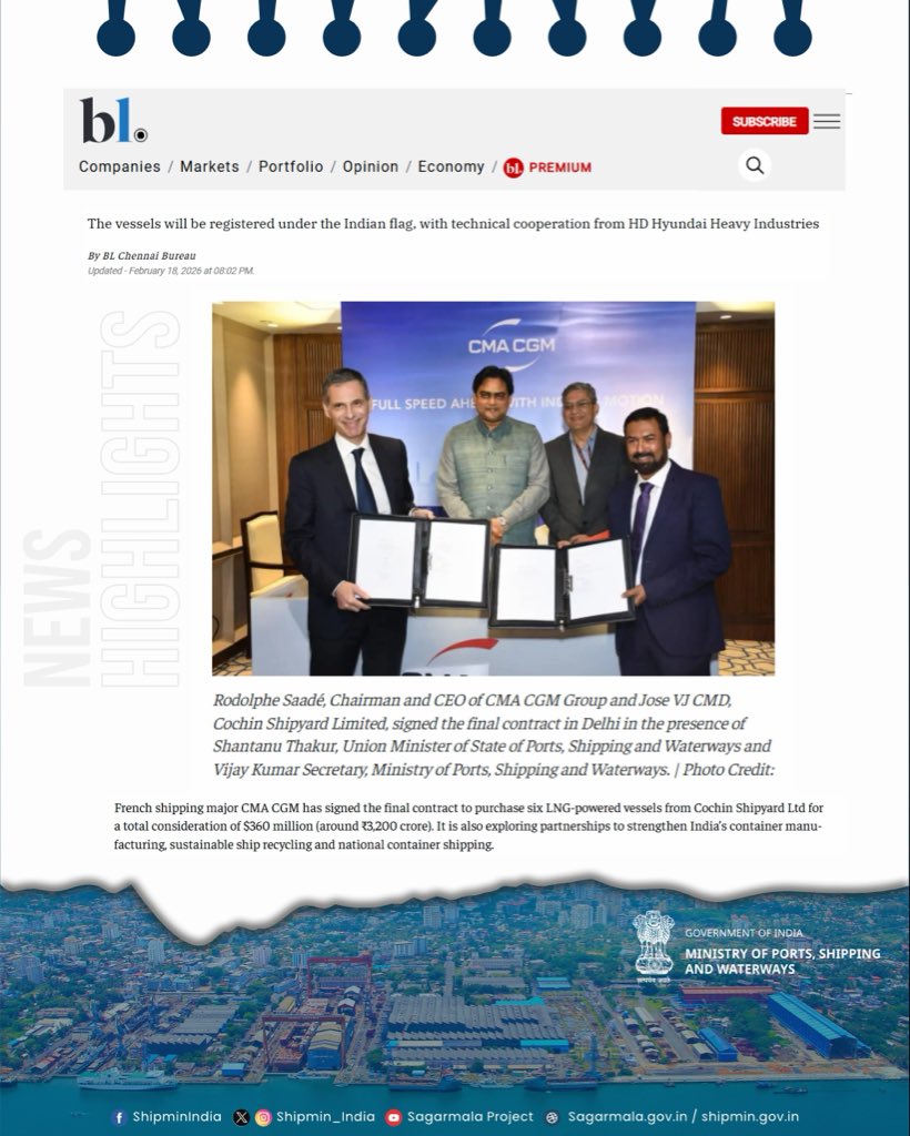 shipmin_india's tweet photo. India’s maritime reforms deliver results as CMA CGM and Cochin Shipyard Limited sign a landmark deal to build six LNG-fuelled container vessels, strengthening green shipping and global partnerships.

@bsindia

#MaritimeReforms #IndiaFrancePartnership #GreenShipping https://t.co/EBlhe7AN7I
