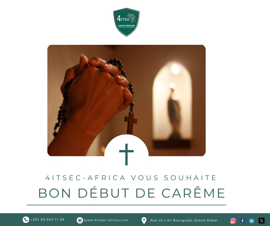 4ITSECAFRICA's tweet photo. Cher réseau,

Bon début de carême à toute la communauté chrétienne catholique.
#CybersécuritéAfrique
#CyberSenegal
#Sensibilisation
#4itsecAfrica https://t.co/YKdEvoG22c