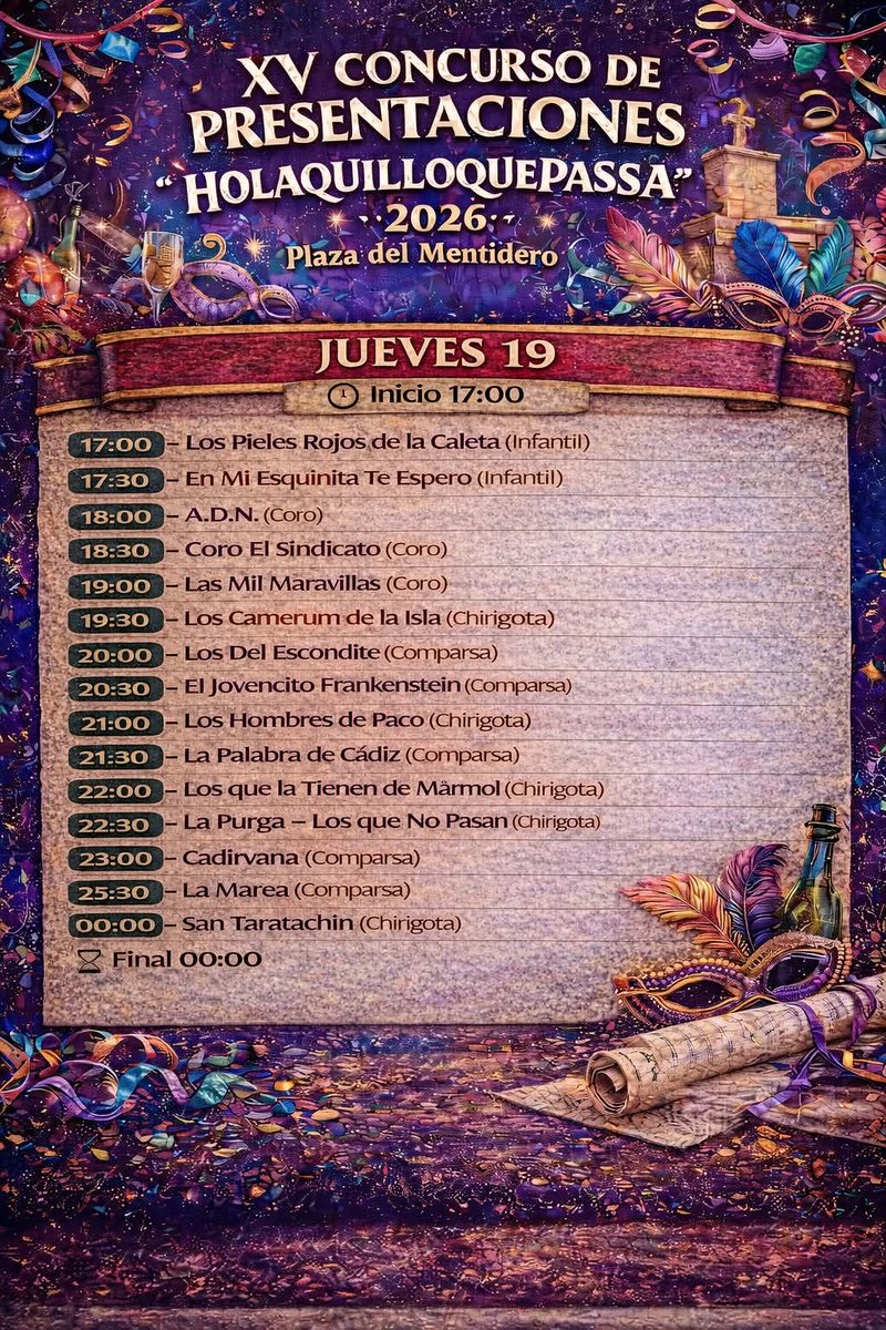 HOY Jueves 19 Febrero

#CarnavalCádiz2026calle