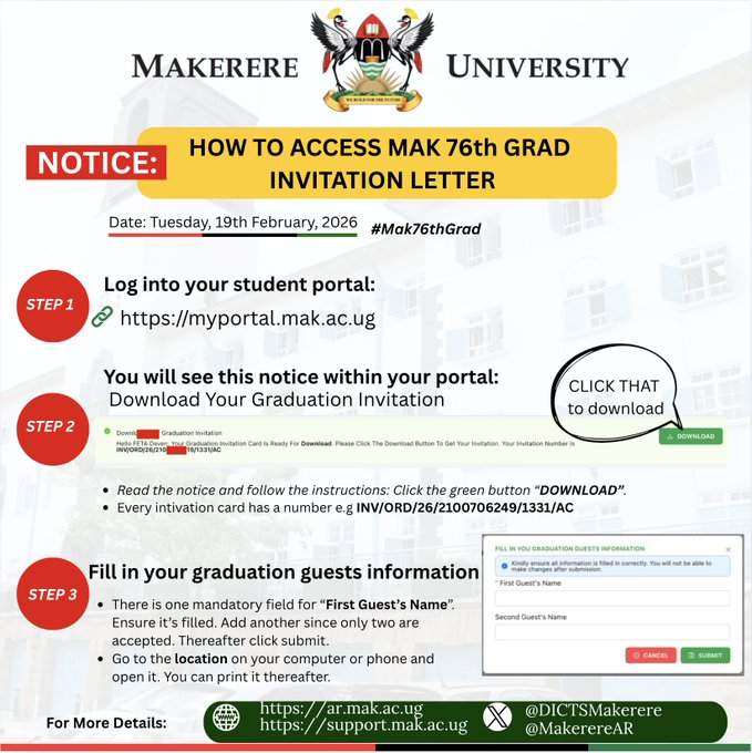 MakerereAR's tweet photo. #Mak76thGrad

Are you a prospective Mak76th Graduand and wondering how to access your Invitation Card? Please follow the guidance below 👇 https://t.co/tHF8IQ3g2P