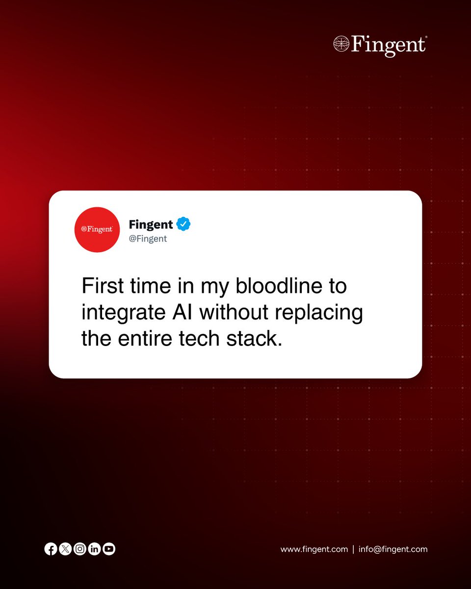 Fingent's tweet image. First time in my bloodline to integrate AI without replacing our entire tech stack. 

Smarter systems. Zero disruption. We integrate AI into your existing systems — no chaos.

#AIIntegration #DigitalTransformation #FirstTimeInMyBloodline #fingent