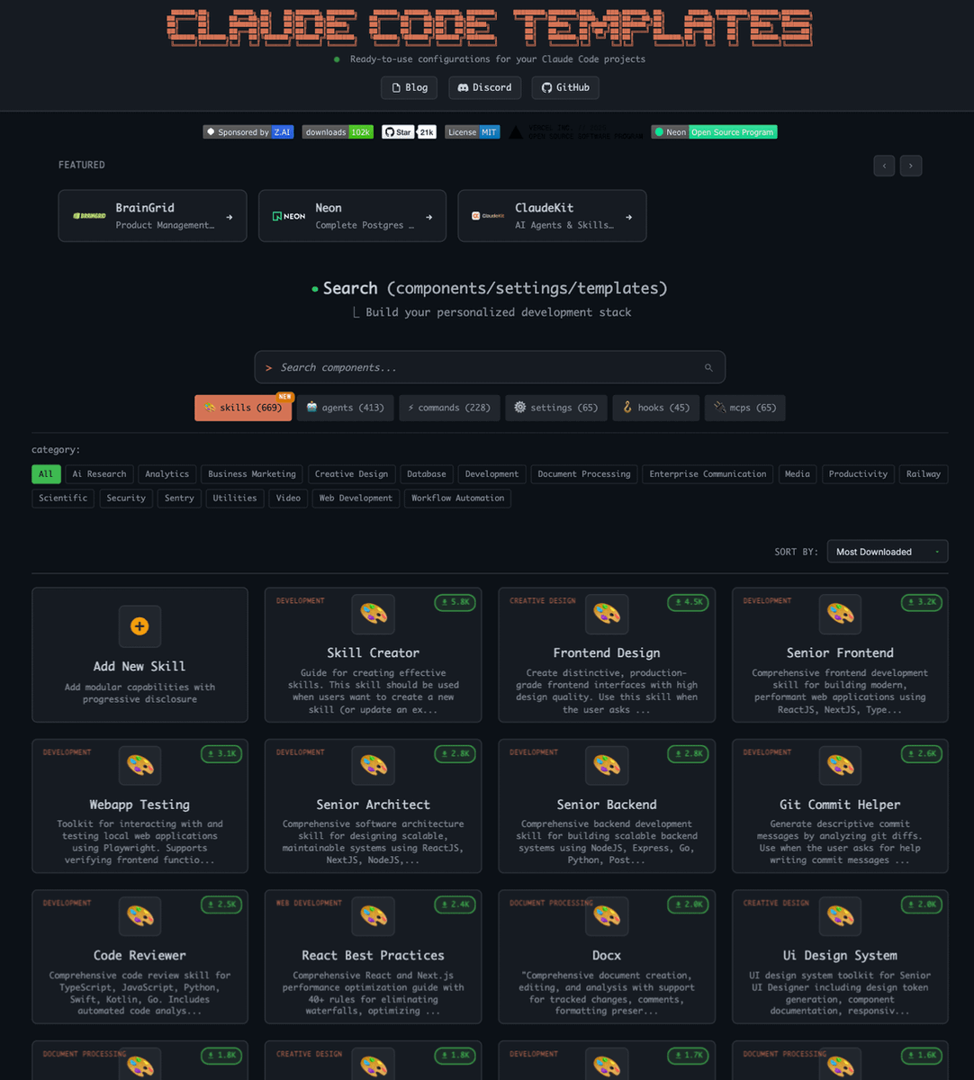 Holy shit... someone built a template marketplace for Claude Code.

It's called AITMPL and it has ready-to-use configs for every stack.

- 30+ companies (OpenAI, Anthropic, Stripe, AWS, GitHub)
- Pre-built skills, agents, commands, hooks, MCPs
- Stack builder that generates