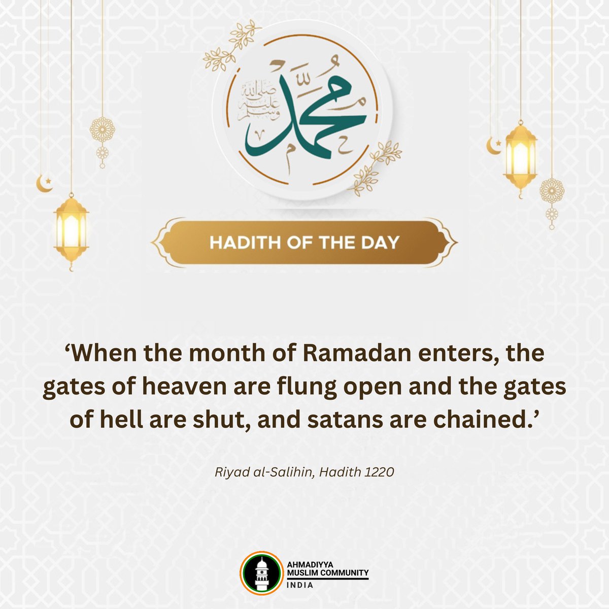 islaminind's tweet image. ‘When the month of Ramadan enters, the gates of heaven are flung open and the gates of hell are shut, and satans are chained.’  

- Riyad al-Salihin, Hadith 1220  

#HadithOfTheDay #Hadith #ProphetMuhammad #Ramadan2026 #Ramadan