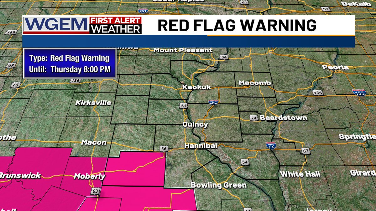 A Red Flag Warning is in effect for Monroe County in Missouri from noon through 8pm today. Dry conditions west of the Mississippi River alongside breezy conditions elevate brush fire risk. Still, there is the chance for severe storms; visit wgem.com/weather for the latest.