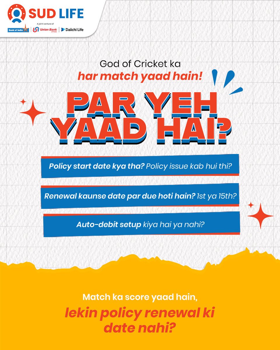 Har match, har boundary muh-zubani yaad hai. Par jab baat policy renewal ki aati hai, toh kya aap “out” ho jate hain?​
​
Stay on the front foot. Renew your Life Insurance policy today!​

Disclaimer: bit.ly/3YbUDkL