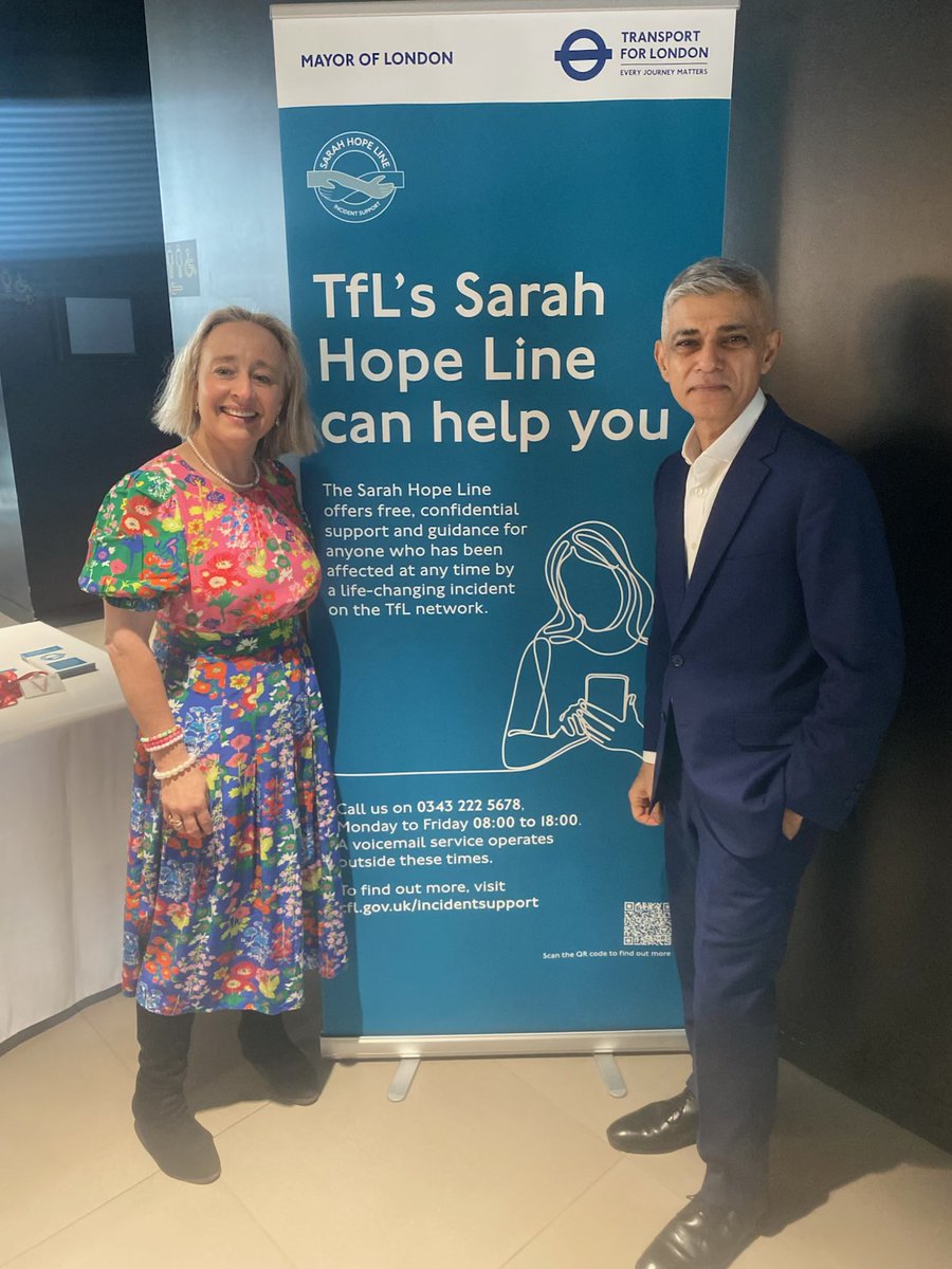 SadiqKhan's tweet photo. The Sarah Hope Line has provided vital support to thousands of Londoners affected by serious incidents on our transport network. 

It was an honour to mark its 10th anniversary - and I want to thank @sarahehopembe for her strong campaigning which made this service a reality. https://t.co/BSh44n0f1e