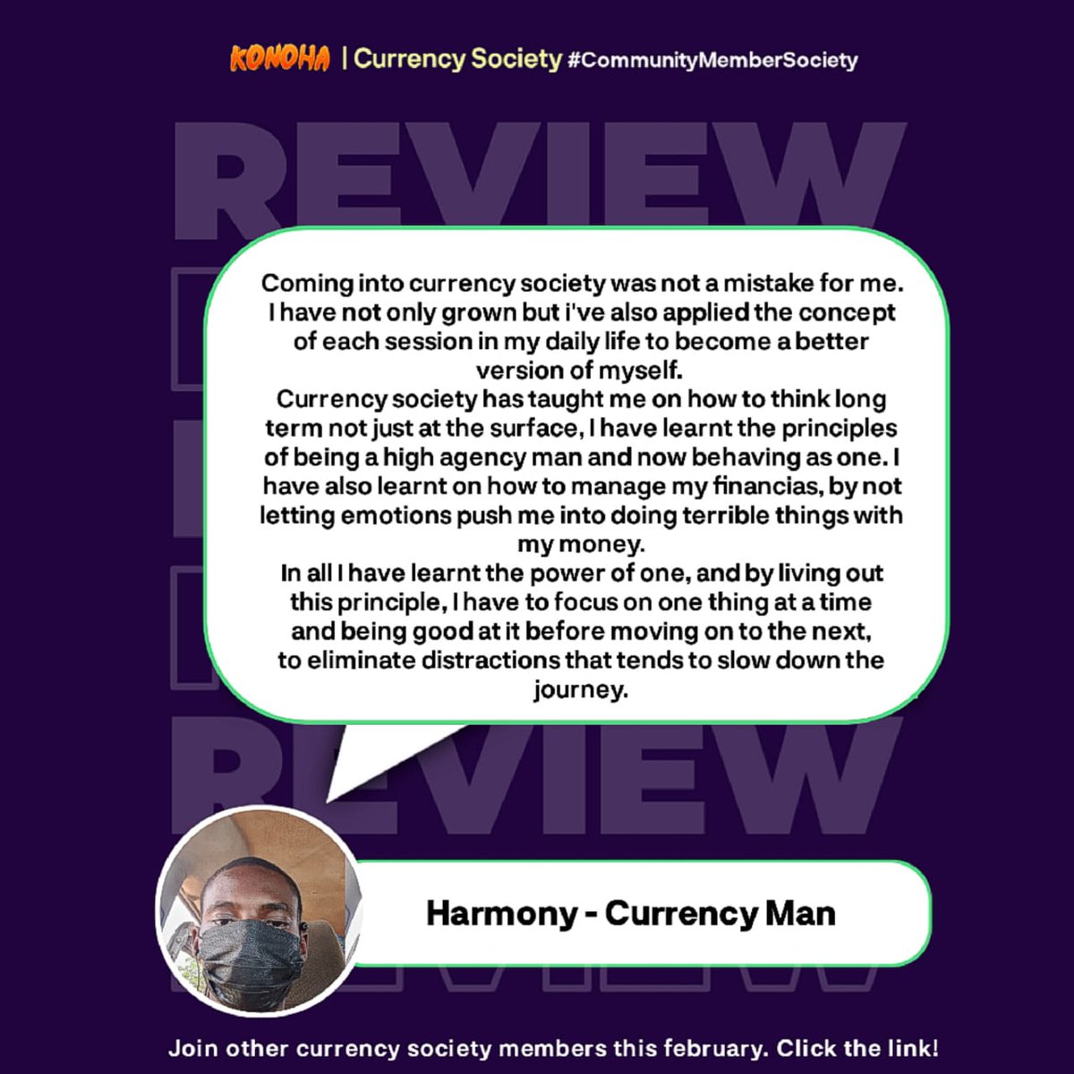 kfcbykonoha's tweet photo. Currency Society members are not just consuming information weekly, we co-create. 

Here's what Harmony - a 200L student and a rising developer, has to say.

Currency Society definitely gives you an edge over others. Don't let your competitors out-learn you.

Join other Currency Society Members here: https://t.co/lOkDUClbWX

(9 days before doors are shut, take action now!)