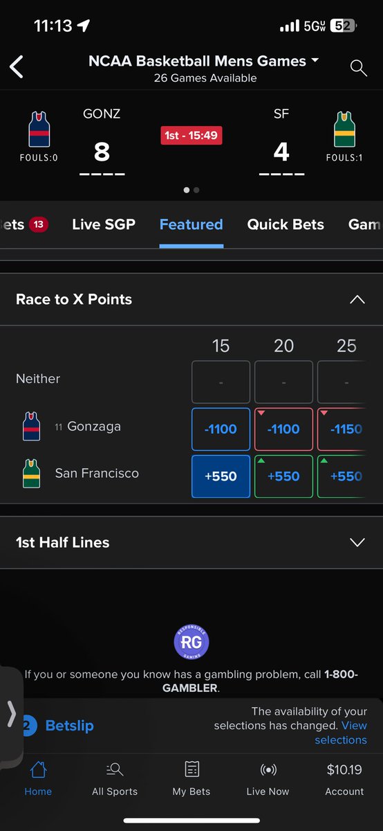 daltoncary3's tweet photo. @kingcapsports_ How do I turn my last 80 into 200 or 300 though I know that’s not hard for many but for me it is. I have the worst bad beats all I needed was Gonzaga to win the race to 15 and this would’ve hit they were at 14 and San Fran wasn’t even at 10 yet but they still won the race to 15 https://t.co/EFMscz5go2