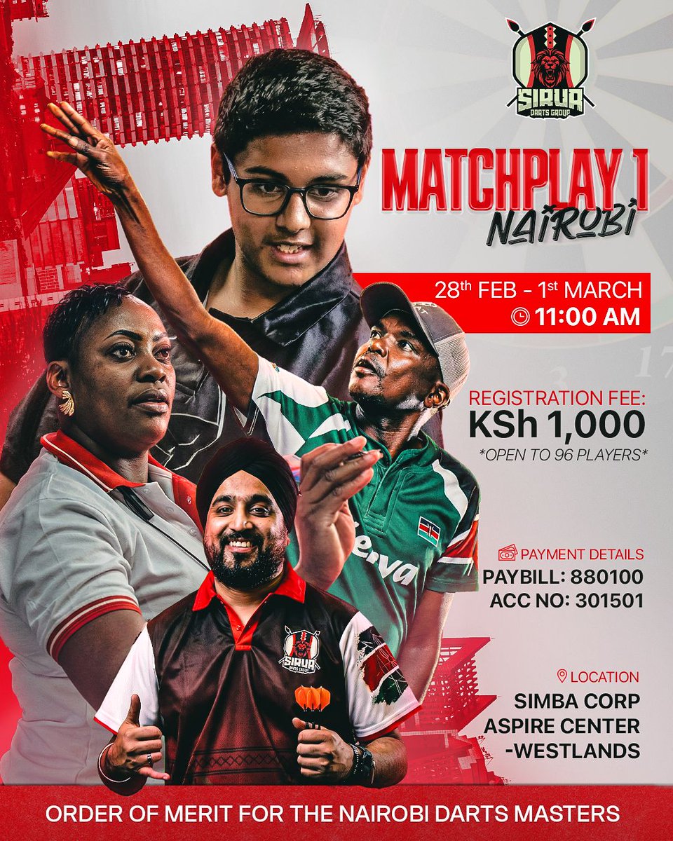 🎯 MATCHPLAY 1–NAIROBI
THE SEASON OPENER IS HERE!😎

Road to #nairobidartsmasters with pathways to global and regional tournaments with talent &amp; brand development 🛣️ 

📍 Simba Corp, Aspire Centre
📅 28th Feb - 1st March | 🕚 11:00 AM

🔥 Categories:
✔ Open (Men)
✔ Ladies