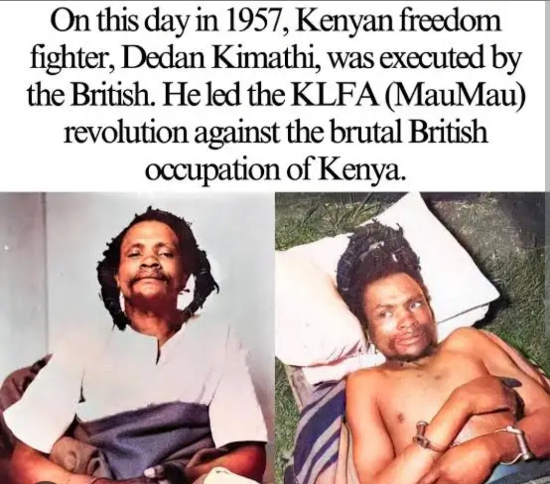 OchooKenn's tweet photo. ๐จ ๐จ "It is better to die on your feet, than to live on your knees."
Field Marshal Dedan Kimathi wa Waciuri
(31 October l, 1920 - 18 February, 1957)
This is not just a document.
It is a death certificate for a dream shattered 60 years ago today.
#chezasmart
