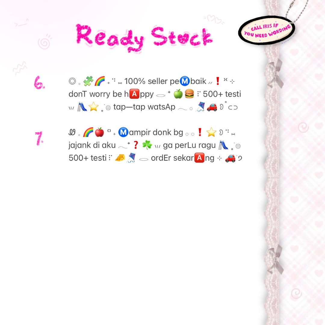 wordinh's tweet image. ⠀
🍔🧀  ..  tap repost, tysm!  ♡%

🛝⭐️  ding — dOng!  ☘️  freshly made  ..  🍎💧  [ BIO WORDING @ jamethetic ]  back in stock ❗️❓ come &amp;amp;&amp;amp; adopt, only 3.500 / each  🌈🪁  

t. #zonaba #zonauang rs ready stock