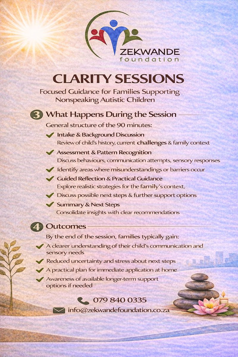 Introducing our Clarity Sessions 💡

A focused 90-minute session designed to help families supporting nonspeaking autistic children gain understanding, direction, and practical next steps.

📞 079 840 0335
✉️ info@zekwandefoundation.co.za

#ZekwandeFoundation #ClaritySessions