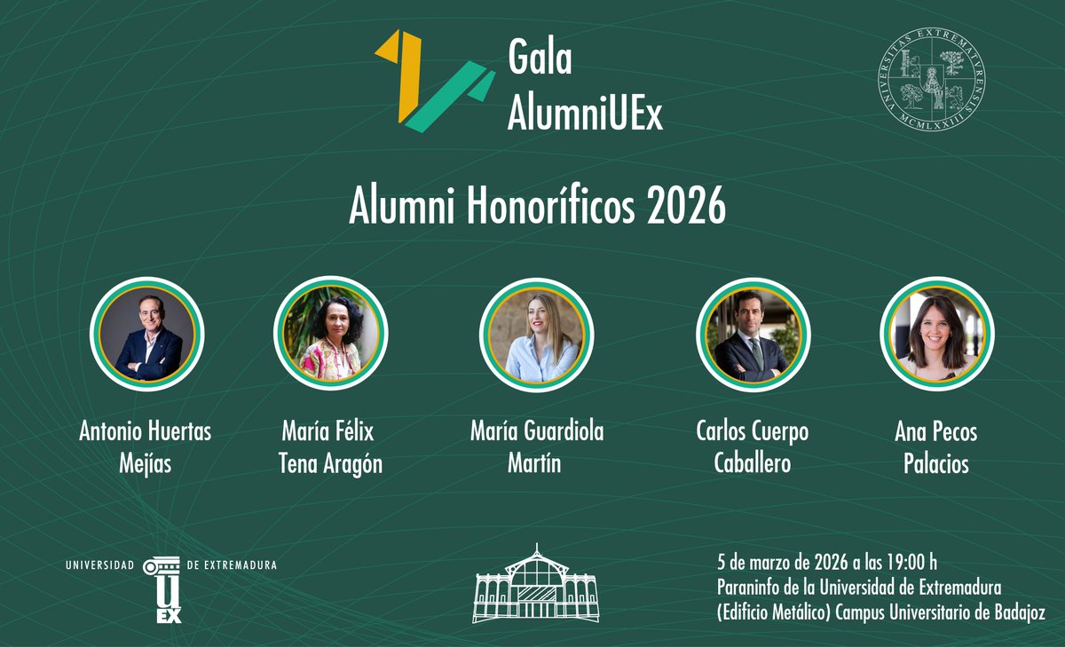 infouex's tweet photo. 🎓✨ La #UEx pone en marcha el programa #AlumniUEx

📅 #GalaAlumniUEx2026  5 de marzo a las 19:00
📍Paraninfo del Campus de Badajoz

🌟Alumni Honoríficos 2026
 @MGuardiolaM  
 @carlos_cuerpo 
 @ahuertasmejias 
 @María Félix Tena @TSJEXT 
 @Anapecos 

✅https://t.co/APTOjeomjf https://t.co/IFjDmOgUnD