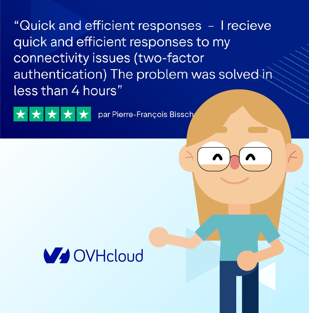 ovh_support_en's tweet image. Thanks for your feedback about #OVHcloudSupport 👨‍💻⚡

We're happy we resolved your 
#2FA issue quickly.

More informations on 2FA management here 👉 bit.ly/3A3DlO5 

💪 Need help ❓ Contact us ➡️ bit.ly/46VNCJW

#CustomerExperience #Support