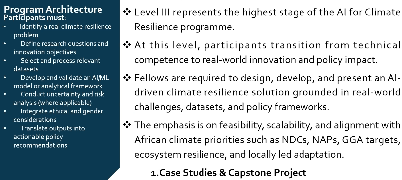 arin_africa's tweet photo. Dr. @Agevy  explains the @arin_africa Fellowship learning journey: from foundational #AI skills to advanced analytical modeling, ending with applied innovation projects. Fellows earn certificates as they progress through each level. 

He highlights the structured fellowship pathway, combining quizzes, practical assignments and mini projects to equip fellows with actionable #AI skills for #climate resilience.

#AIForClimate #CapacityBuilding #AfricaInnovation
