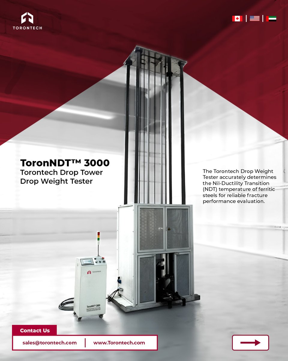 Torontech's tweet photo. The Torontech ToronNDT™ 3000 Drop Weight Tester determines NDT temperature in ferritic steels, supporting reliable fracture toughness and safety validation.
🔗 https://t.co/VZO0Bv7ac2
#NDTTesting #MaterialTesting #Torontech https://t.co/Nu1YdBtZC2
