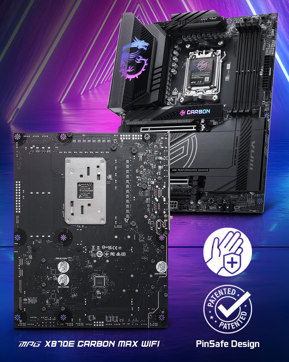 MSI__UK's tweet photo. Hurt your fingers with motherboards? Say hi to the revolutionary #PinSafe design on the MPG X870E CARBON MAX WIFI!👋
The patented pin-less backside design keeps PC DIY safe, while durable components and manufacturing processes ensure stable performance and premium signal transfer.
Get ready for a building experience like never before👉https://t.co/4gI8XoouFO