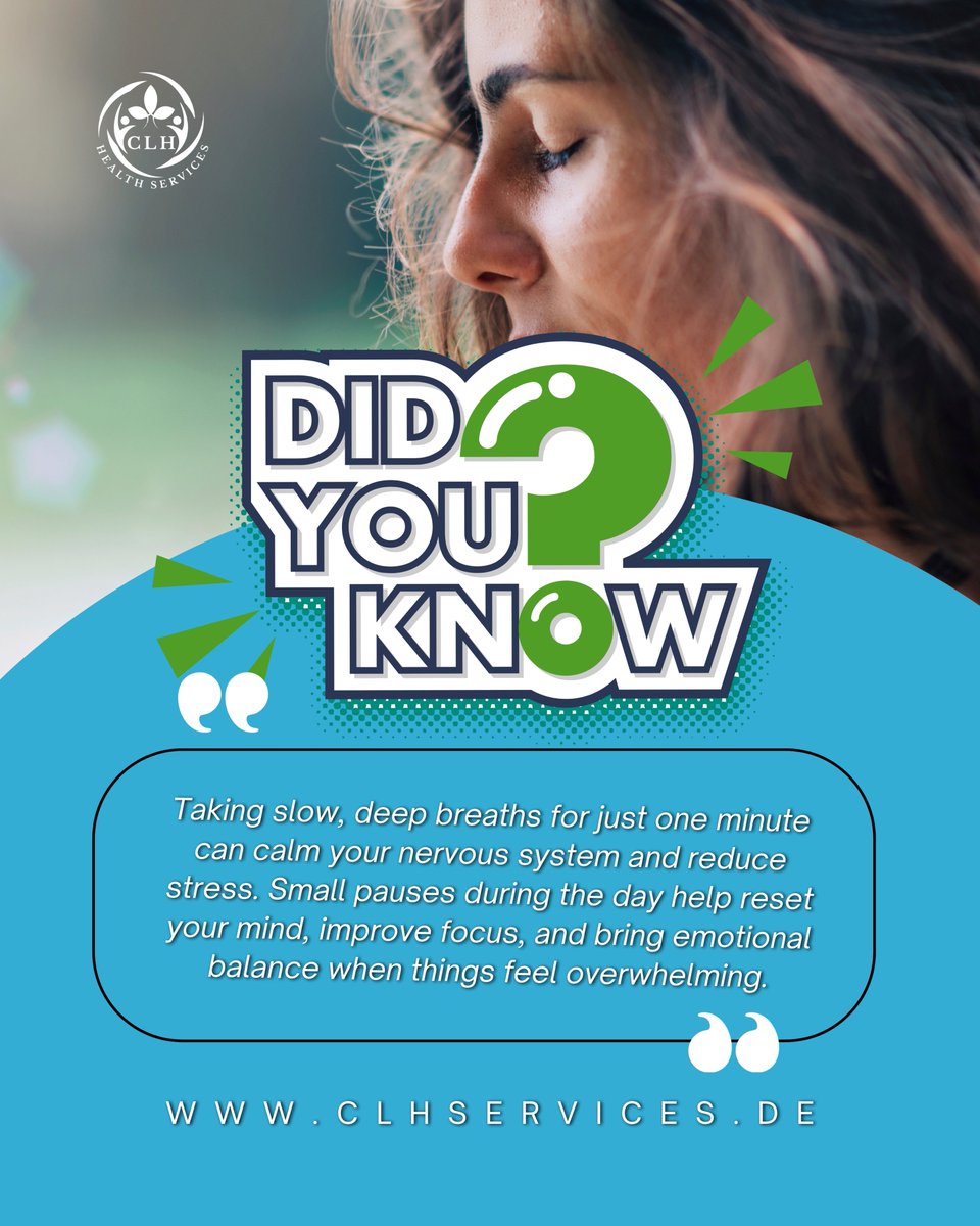clhhealth's tweet image. Slow, deep breathing for just one minute can calm your nervous system and ease stress. Taking small pauses during the day helps reset your mind, improve focus, and restore emotional balance when life feels overwhelming. #MentalHealthTip #StressRelief #MindfulPause