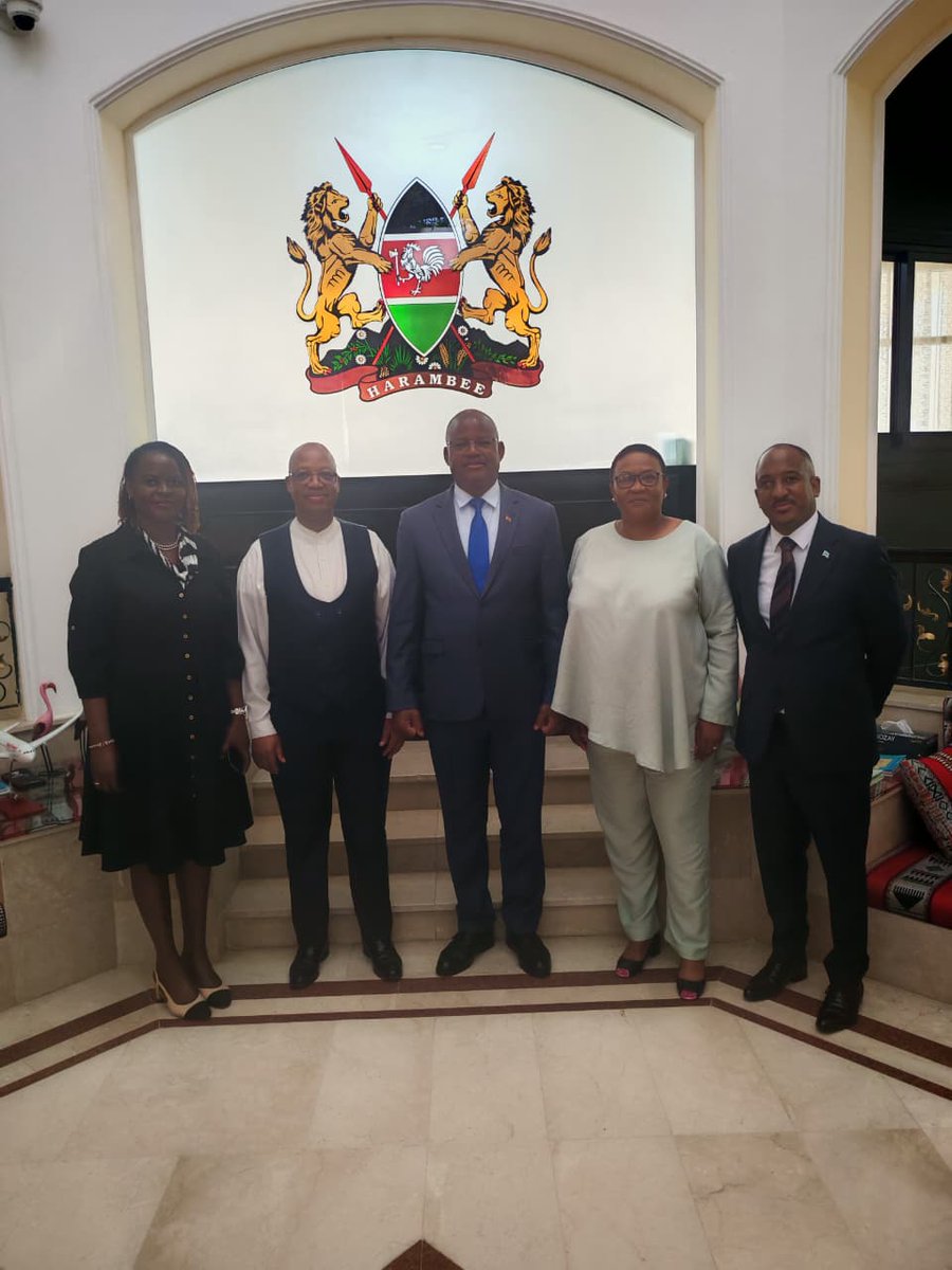 Amb. Thuso Ramodimosi, Permanent Secretary in the Ministry of Foreign Affairs of the Republic of Botswana, today paid a courtesy call on Amb. Kenneth Nganga at the Embassy, accompanied by Ms. Hazel Reaitsanye and Mr. Amangwe Madisakwana.