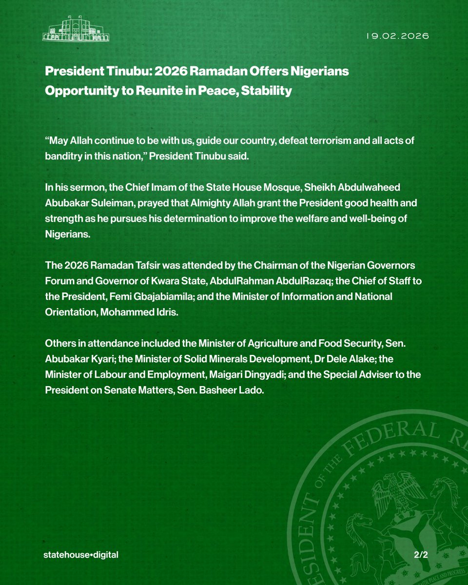 President Tinubu: 2026 Ramadan Offers Nigerians Opportunity to Reunite in Peace, Stability.

<a href="/officialABAT/">Bola Ahmed Tinubu</a>