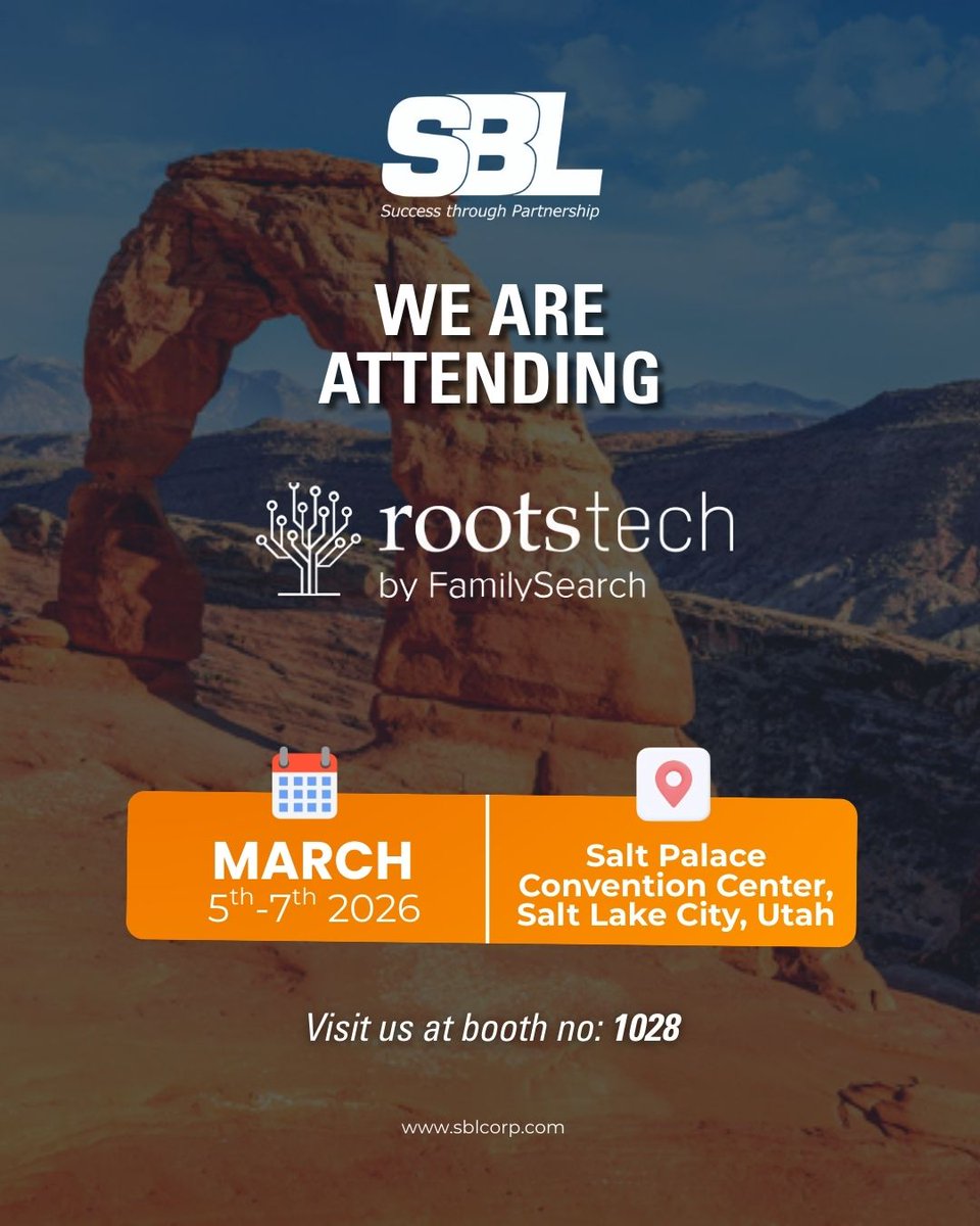 SBLCorpSolution's tweet photo. SBL Knowledge Services will attend RootsTech 2026 by FamilySearch, March 5–7 at Salt Palace Convention Center, Booth 1028. 

Meet us to explore AI-driven digitization, genealogy solutions, and innovations powering heritage and archives.

#RootsTech #RootsTech2026 #FamilySearch https://t.co/WC5EfofVpW