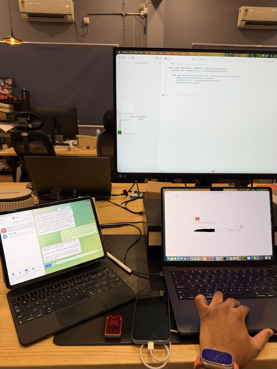 Maxing out my Apple devices:

• Xcode 26.3’s agentic workflow -> new feature work
• Claude (multiple worktrees) -> UI bug fixes
• iPad -> tunnel into <a href="/openclaw/">OpenClaw🦞</a> on my Mac mini for functional bugs

It finally feels like I’m only limited by how fast my brain can think.