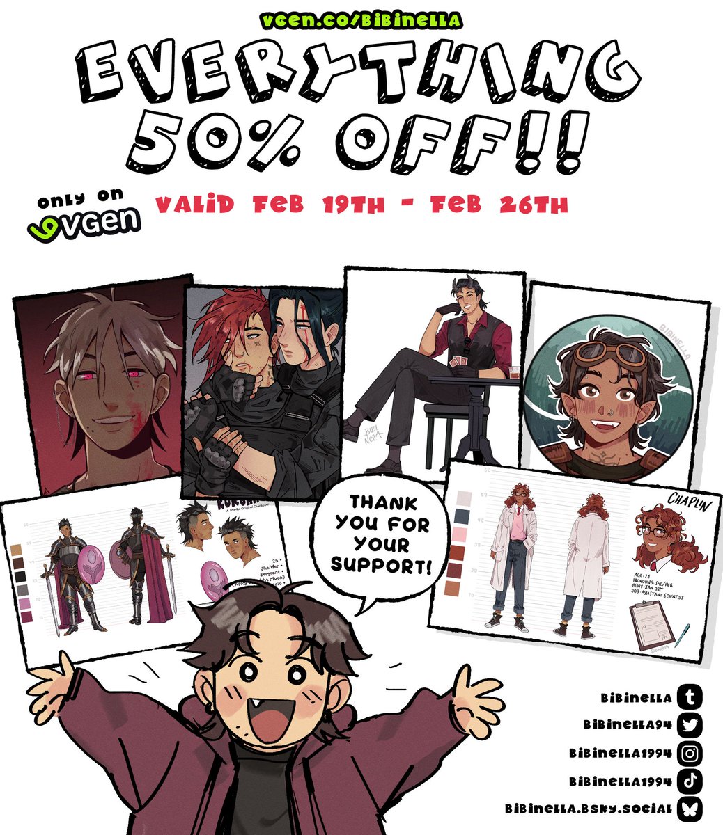 Everything 50% OFF!
Hi everyone! I'm currently doing a big 50% off discount on all of my commission services :3 If you've been wanting to request something, now is a good time to do so!
Discount is available from Feb 19th to Feb 26th โจ
#commissionsopen #commissions