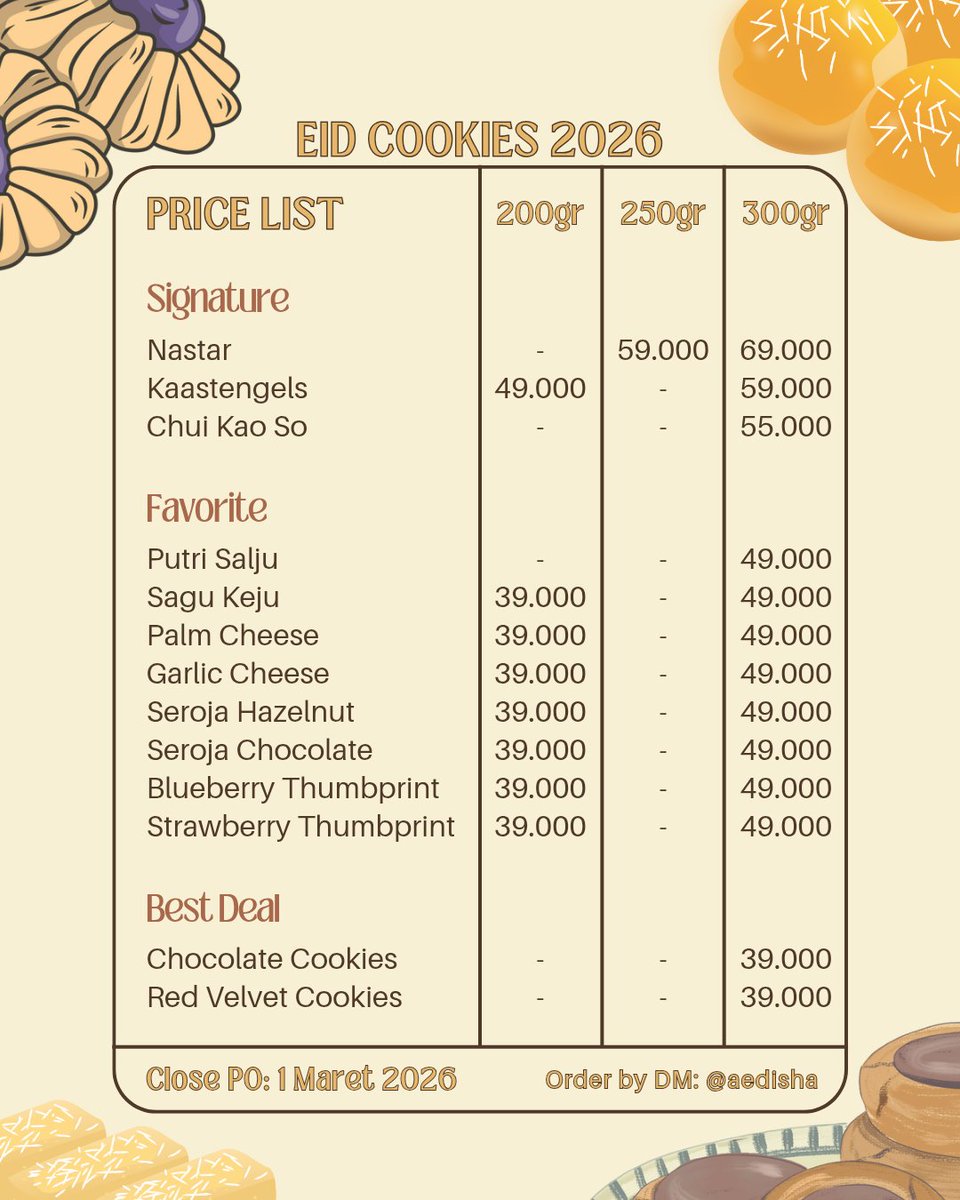 aedisha's tweet photo. [help rt/like]
Seasonal cookies are finally here,
freshly baked &amp; ready to be shared.

✨EID COOKIES 2026 by @aedisha✨

🗓️ Close PO: 1 Maret 2026
🚚 Pengiriman: maks. 9 Maret 2026

order sekarang yuk🙋🏻‍♀️

tag: kue kering, ramadhan, lebaran, UMKM https://t.co/3wmYWN2XiT