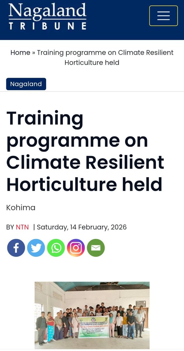 ClapFounda5250's tweet photo. An article covered by @NagalandTribune about training on “Climate Resilient Horticulture (CRH)” conducted by @ClapFounda5250 & #CIH, Dimapur on 14-02-2026 at Dhansiripar RD Block, Dimapur, Nagaland. @AgriNgl @horticulturengl @AgriGoI
Link: https://t.co/dUrpQtzSYB https://t.co/F1odBvGdBA