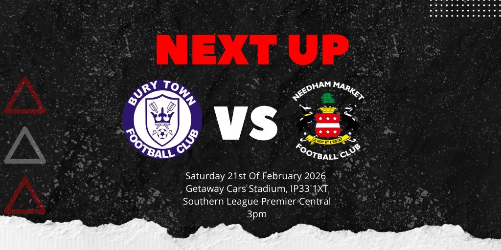 needhammktfc's tweet photo. SHORT TRIP TO BURY THIS WEEKEND👀 👀

🆚  Bury Town

📆  Saturday 21st Of February 2026

🏟  Getaway Cars Stadium, IP33 1XT

🏆  Southern League Premier Central

⏰  3pm

🎟️   https://t.co/7EL0B7kVRp

#NeedhamMarketFC https://t.co/WgrG7BMBFj
