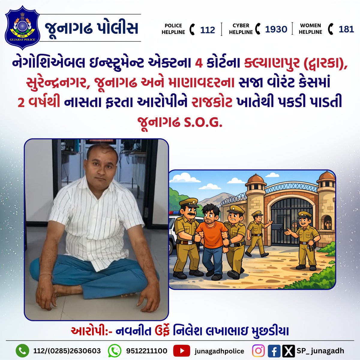 SP_Junagadh's tweet image. 4 કોર્ટના ક્લ્યાણપુર (દ્વારકા), સુરેન્દ્રનગર, જૂનાગઢ અને માણાવદરના સજા વોરંટ કેસમાં 2 વર્ષથી નાસતા ફરતા આરોપીને રાજકોટ ખાતેથી પકડી પાડતી જૂનાગઢ S.O.G.

@CMOGuj

@GujaratPolice

@IGP_JND_Range

@sanghaviharsh

#gujaratpolice #junagadhpolice #crimecontrol #StopCrime