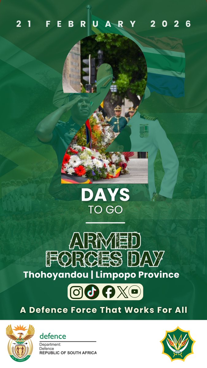 SANDF_ZA's tweet photo. South African National Defence Force || Armed Forces Day2026  Working Together With Thulamela Local Municipality || The Countdown Will Soon Hit Zero || Thohoyandou,Limpopo Province. 

 A Defence Force That Works For All.  

#SANDF #AFD2026 #thulamelalocalmunicipality https://t.co/jzNj3zlH9H