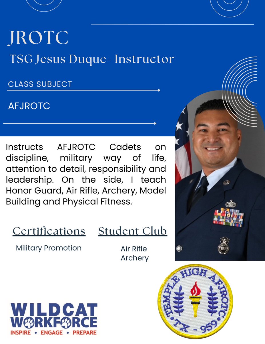 CTE_TISD's tweet photo. πΊπΈ CTE Spotlight: JROTC πΊπΈβ¨Shoutout to TSG Jesus Duque, AFJROTC instructor, for building leadership, discipline, and responsibility through Honor Guard, Air Rifle, Archery & Fitness.
#CTE #JROTC #WildcatWorkforce #Leadership https://t.co/2LFqjss83f