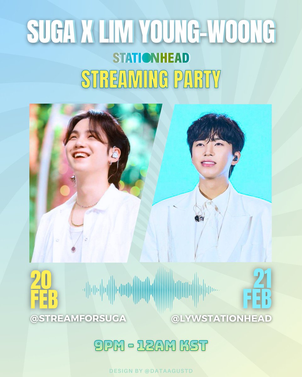 [#SFS_Announcement]
[ STREAM COLLAB PARTY ]

Get ready for our much-awaited streaming collaboration with <a href="/lywstationhead/">lywstationhead #For_the_Hero</a> on <a href="/STATIONHEAD/">STATIONHEAD</a>! 

📆: Feb 20–21, 2026
⏰: 9 PM – 12 AM KST

Mark your calendars, set your alarms, and see you there! 💜

#SUGA #슈가 #방탄소년단슈가
<a href="/BTS_twt/">방탄소년단</a>