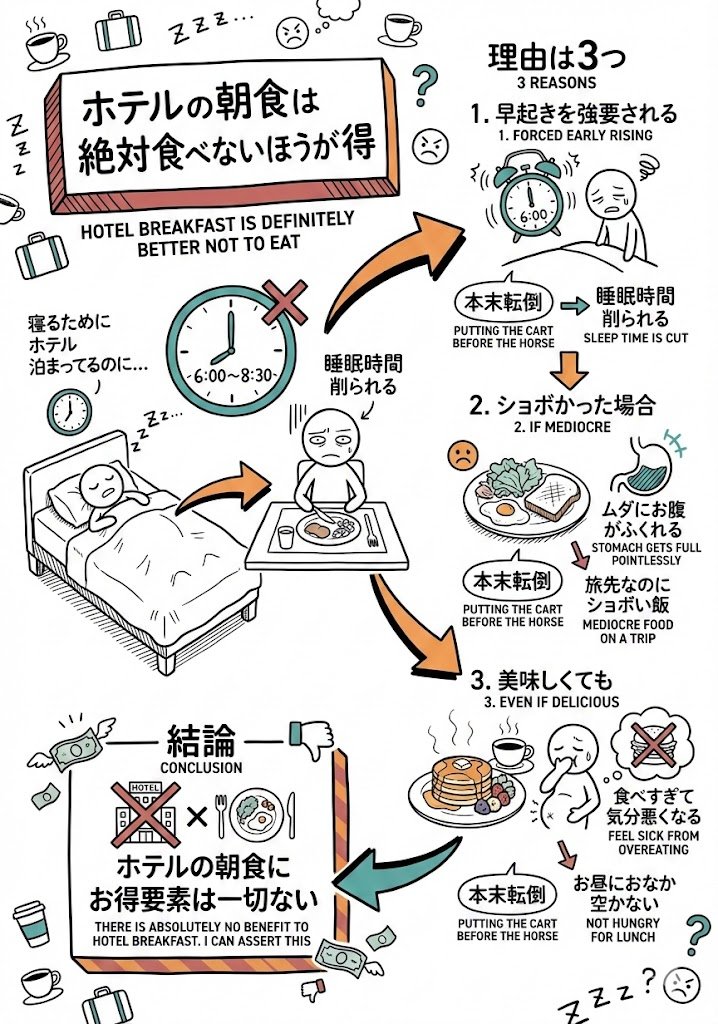 結論から言うと、「ホテルの朝食付きプラン」はあなたの旅行を台無しにする最短ルートです。

多くの人が「お得感」という罠にハマって朝食を選びますが、実際には3つの大きな代償を払っています。

✅ 朝食が旅行をダメにする3つの理由

早起きの強制：
