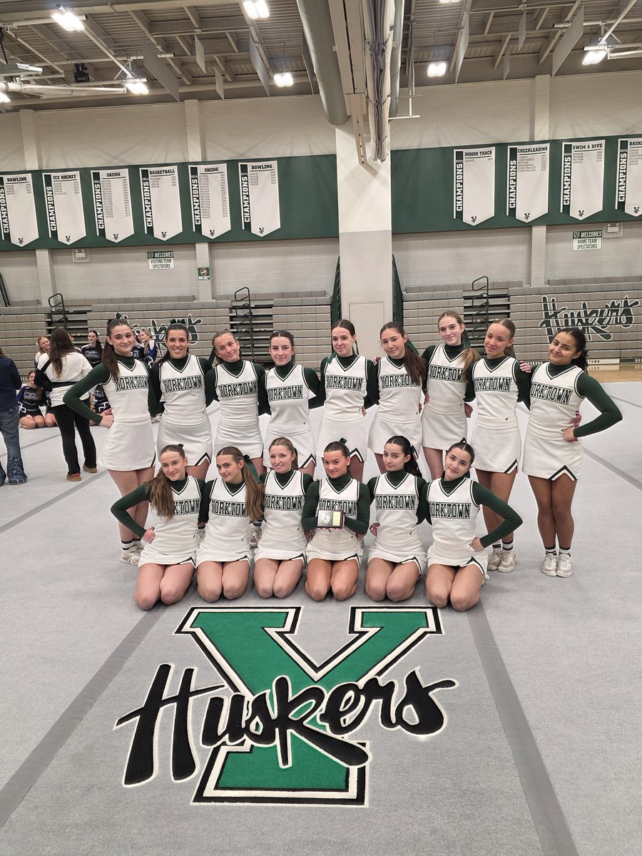YCSD_Athletics's tweet photo. Congratulations to Yorktown Varsity Cheerleading on winning their League Championship this evening at YHS. First year with league championships in Cheer and Yorktown's first. Great job by Section 1 to provide this opportunity. #gotown @YHSDeGennaro https://t.co/TgmrCu2Mq3