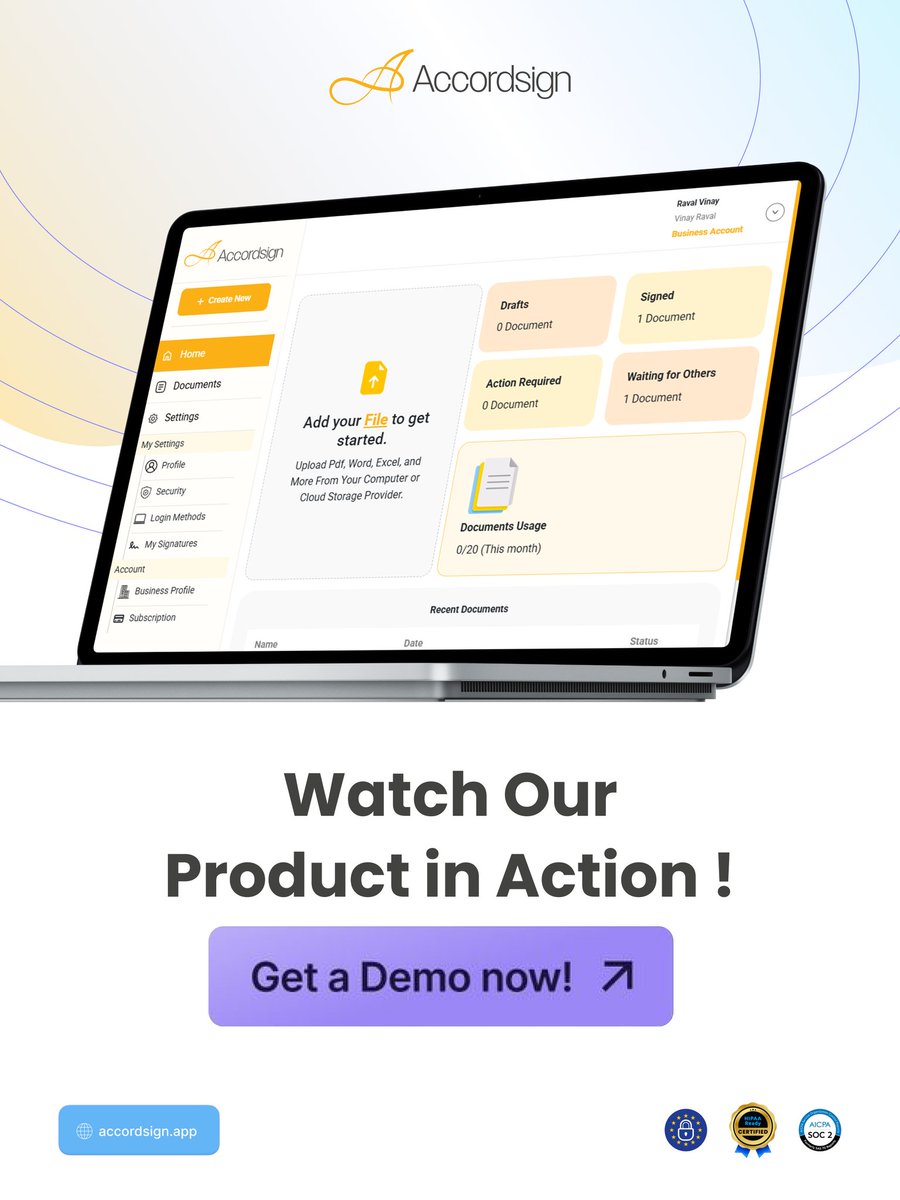 SeedDataSystems's tweet image. Watch Accordsign in action 🚀

Simple dashboard.
Real time tracking.
Secure signing.
Get a demo 👉 accordsign.app
#Accordsign #eSignature #SaaS