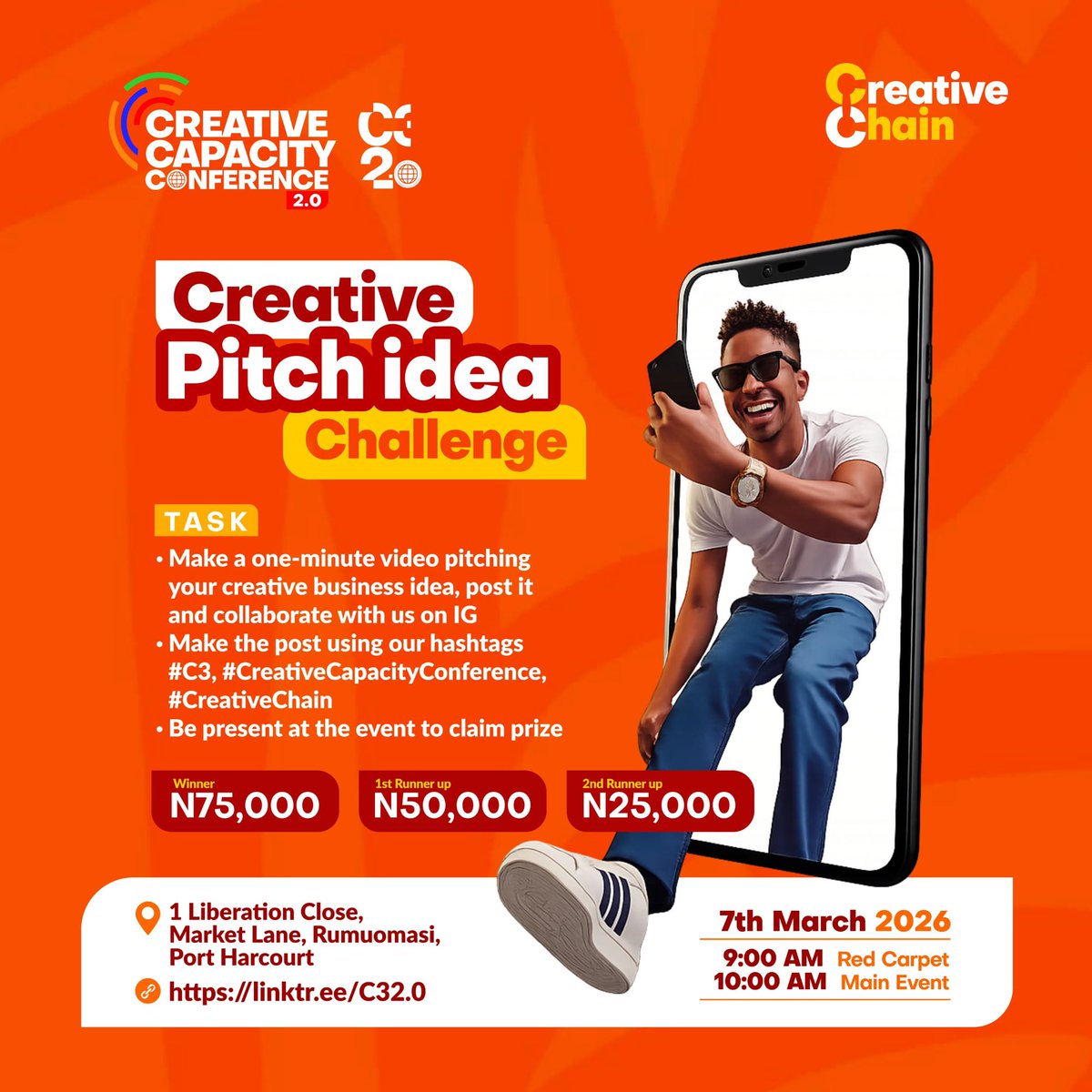 Creative_C3's tweet photo. Creative Pitch🔥🔥

Contestants are to meet 3 criteria 
* Make a one-minute video and collaborate with us on IG
* Post using our hashtags (#C3,
#CreativeCapacityConference, #CreativeChain)
* Be present at the Creative Capacity Conference to claim prizes.

You could be the winner https://t.co/vJO71BUovx
