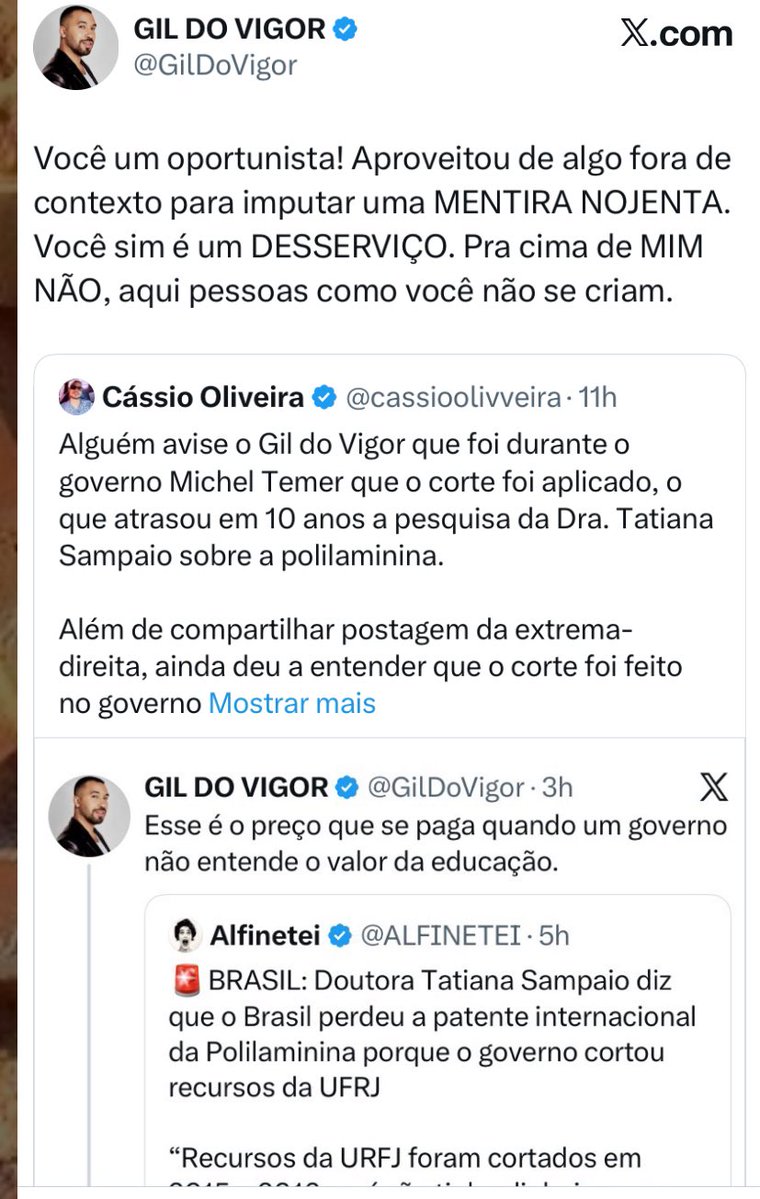 cassioolivveira's tweet image. Ontem o Gil do Vigor totalmente descontrolado e cheio de birra ( Como era no BBB, por isso o povo tirou ele ) me chamou de oportunista por dizer que ele é um DESSERVIÇO. Porém ele não sustenta o que fala e APAGOU a postagem. 

O cara compartilha Alfinetei, que é patrocinada por