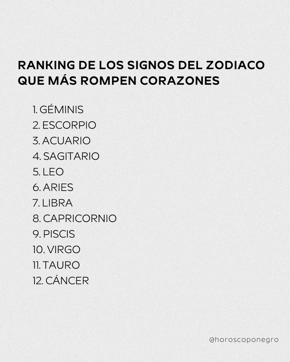 horoscoponegro's tweet photo. Ranking de los signos que siempre rompen corazones 🖤 https://t.co/YPbGhKkR1g